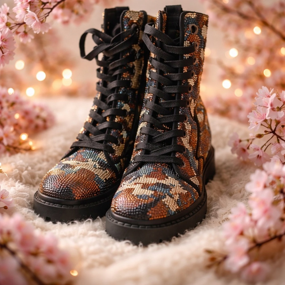 Steve Madden Camo Rhinestone Lace Up Ankle Combat Boots Size 11